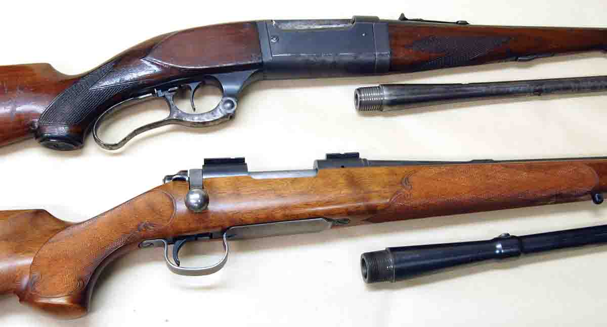 Examples of using factory take-off barrels are shown above. The top rifle is a Savage M99 with a badly pitted bore. Below is a Remington M722 with a washed-out throat. The barrels shown have perfect bores and were found at gun shows.